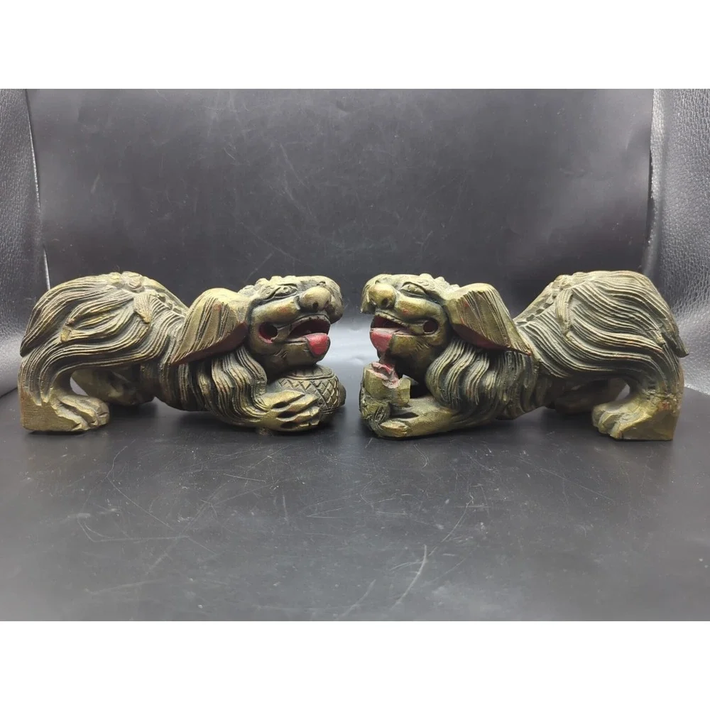 Pair of Vintage Chinese Gold Gilt Wood Carved Foo Dogs